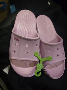 CROCS Pink Slide Sandals with Green Tag